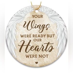 Memorial Ornament with White Wings and Brown Text
New in Box